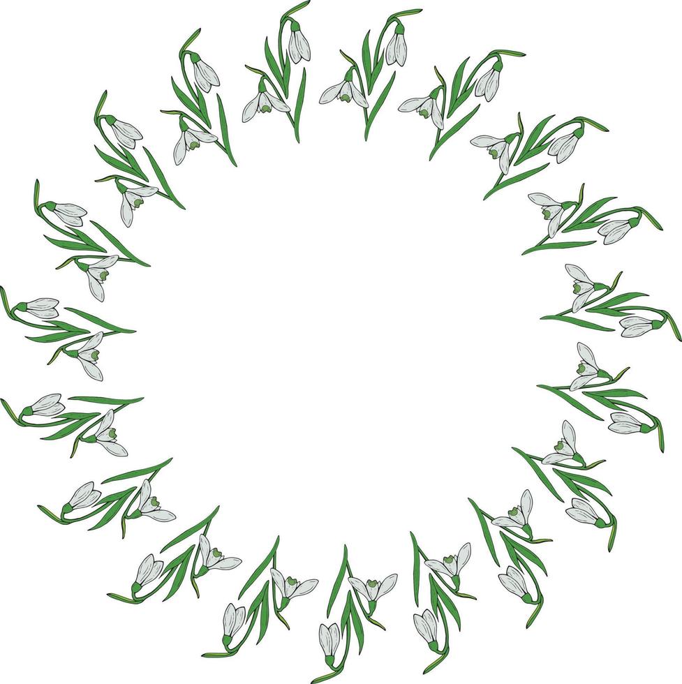 rond frame van gekleurde sneeuwklokjes. krans met geïsoleerde bloemen op een witte achtergrond voor uw ontwerp. vector