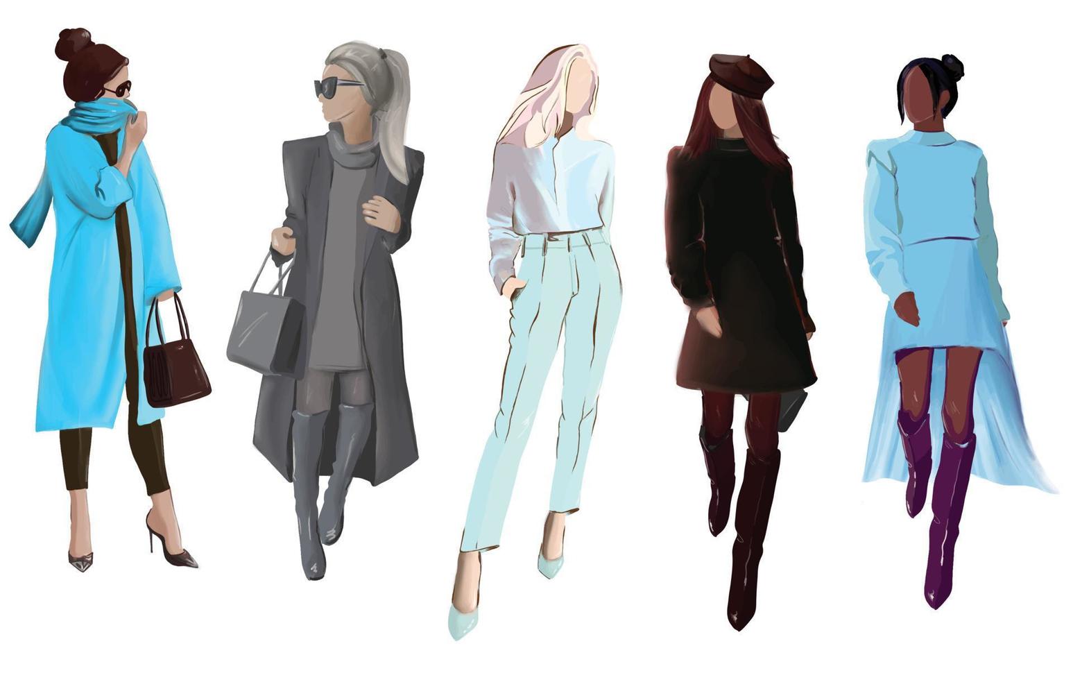 groep vrouwen in modieuze kleding, mode meisjes, vectorillustratie vector
