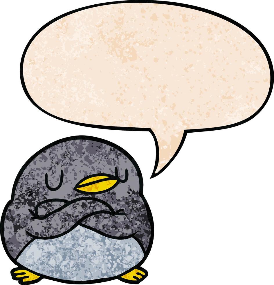 cartoon pinguïn en gekruiste armen en tekstballon in retro textuurstijl vector