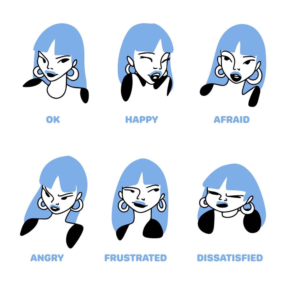 set van een meisje dat emoties toont, cartoon tekenen vector