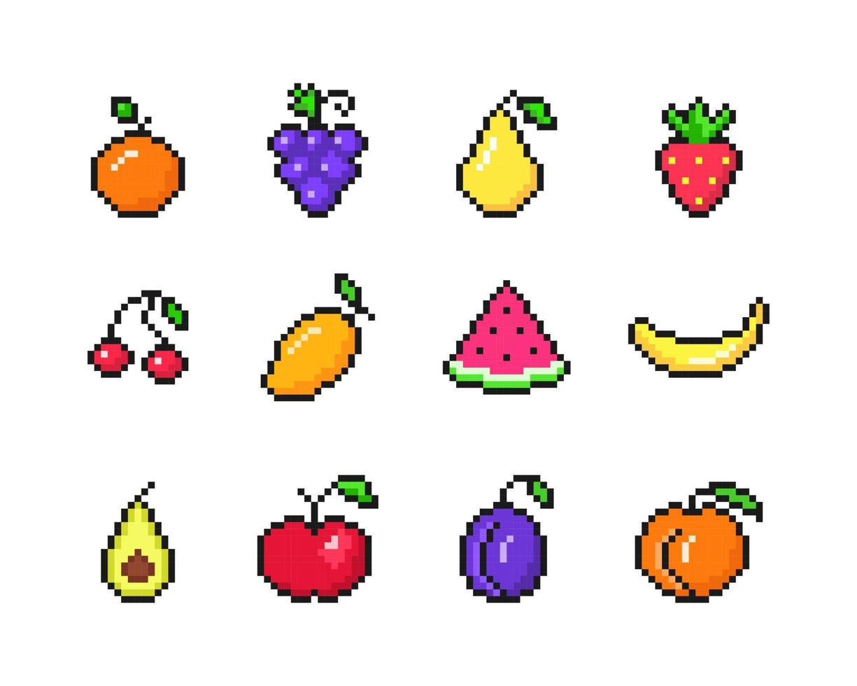 tropische pixelvruchten set. eenvoudige rijpe banaan met rode aardbeien en blauwe pruim. gele zoete mango met rode appel en kersen voor vector 8bit-ontwerp