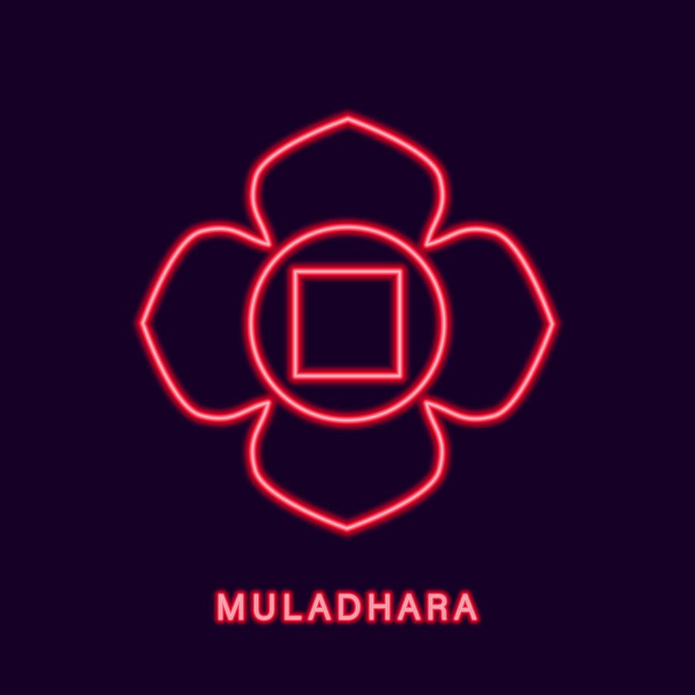 rode neon muladhara chakra. gloeiend symbool van verblijfplaats van kundalini shakti. mulakanada van het verkrijgen van geluk en vrijheid van vectorziekten vector