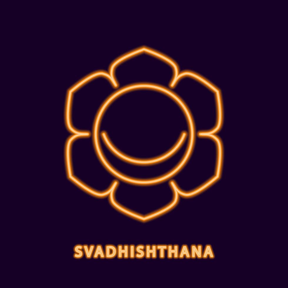 gele gloeiende svadhishthana chakra. neon gouden symbool van andhistana als bevrijding van alle ziekten en egoïsme. shatpatra van assimilatie met vector brahman