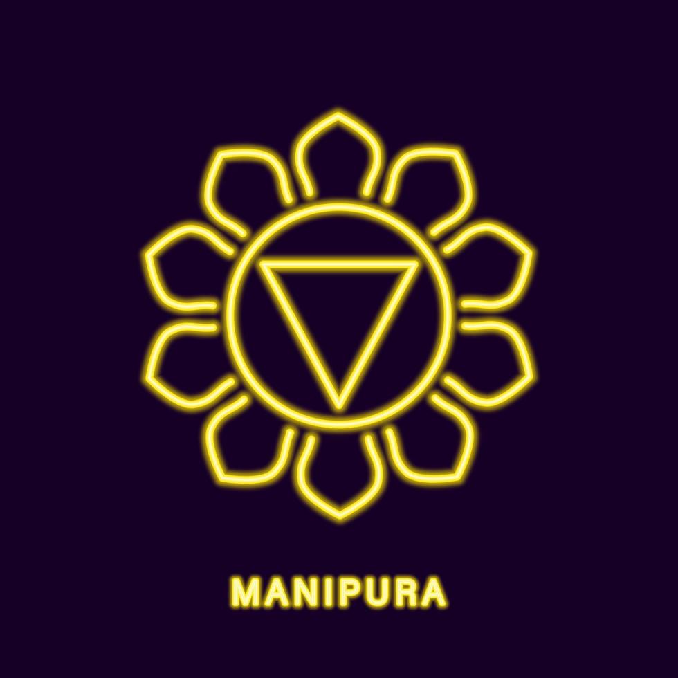 gouden neon manipura chakra. lichtgevend geel symbool van kennis van lichaamsstructuur en macht over verlangens. nabhishthana-remedies voor ziekte en permanent vectorgeluk vector