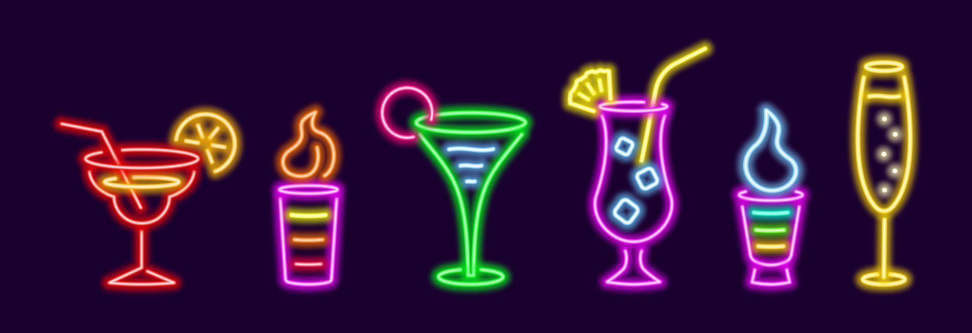neon kleurrijke populaire cocktails set. gloeiende b52 met Ierse room met figuurschuim in glazen beker. elite champagne met bubbels in glas. heldere pina colada met ananas vectorwig vector