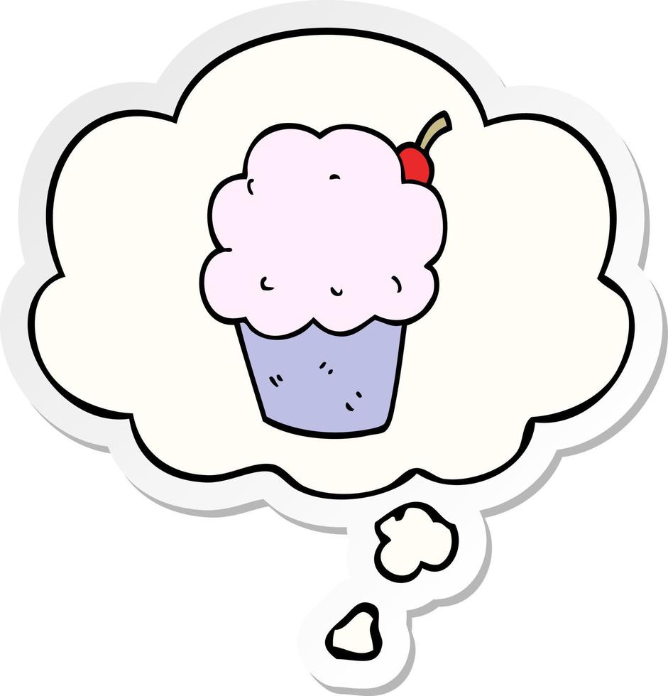 cartoon cupcake en gedachte bel als een gedrukte sticker vector