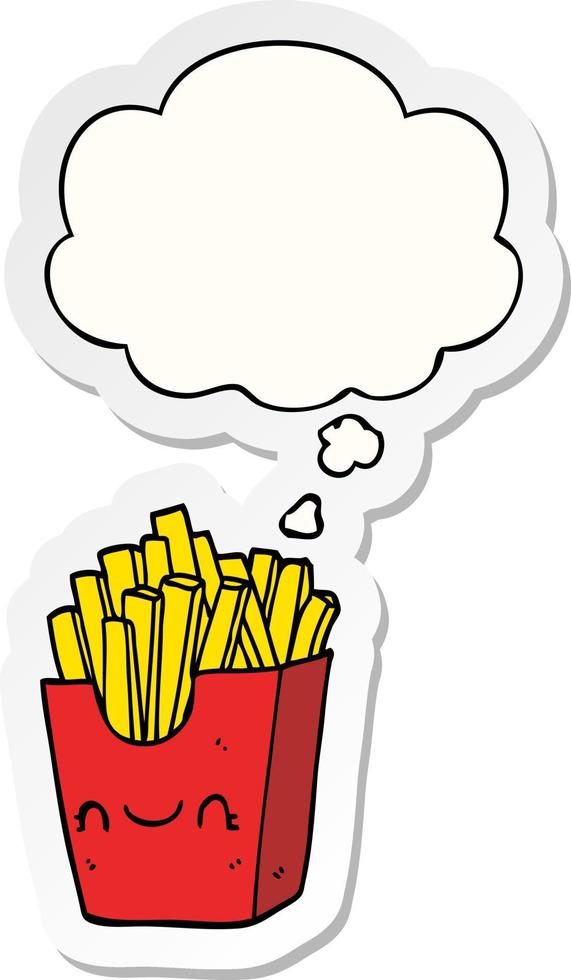 cartoon friet in doos en gedachte bel als een gedrukte sticker vector