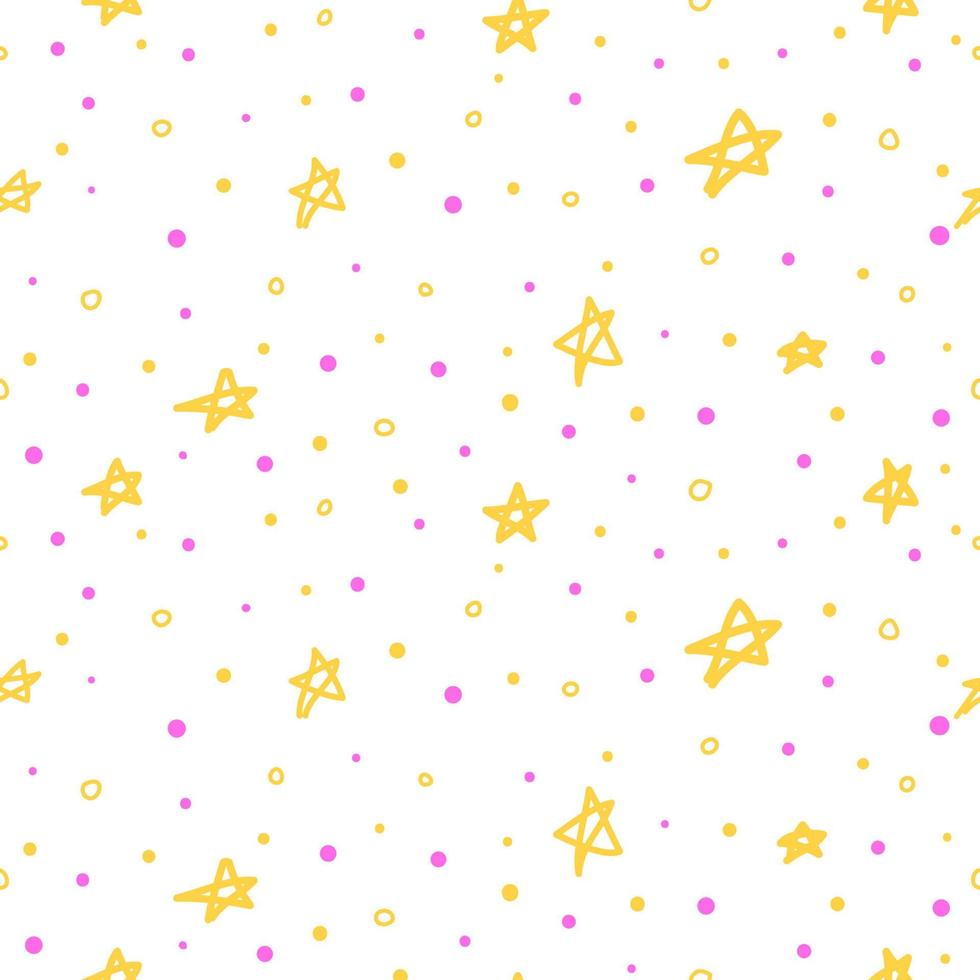 naadloze witpatroon met doodle gele abstracte sterren en stippen. vector