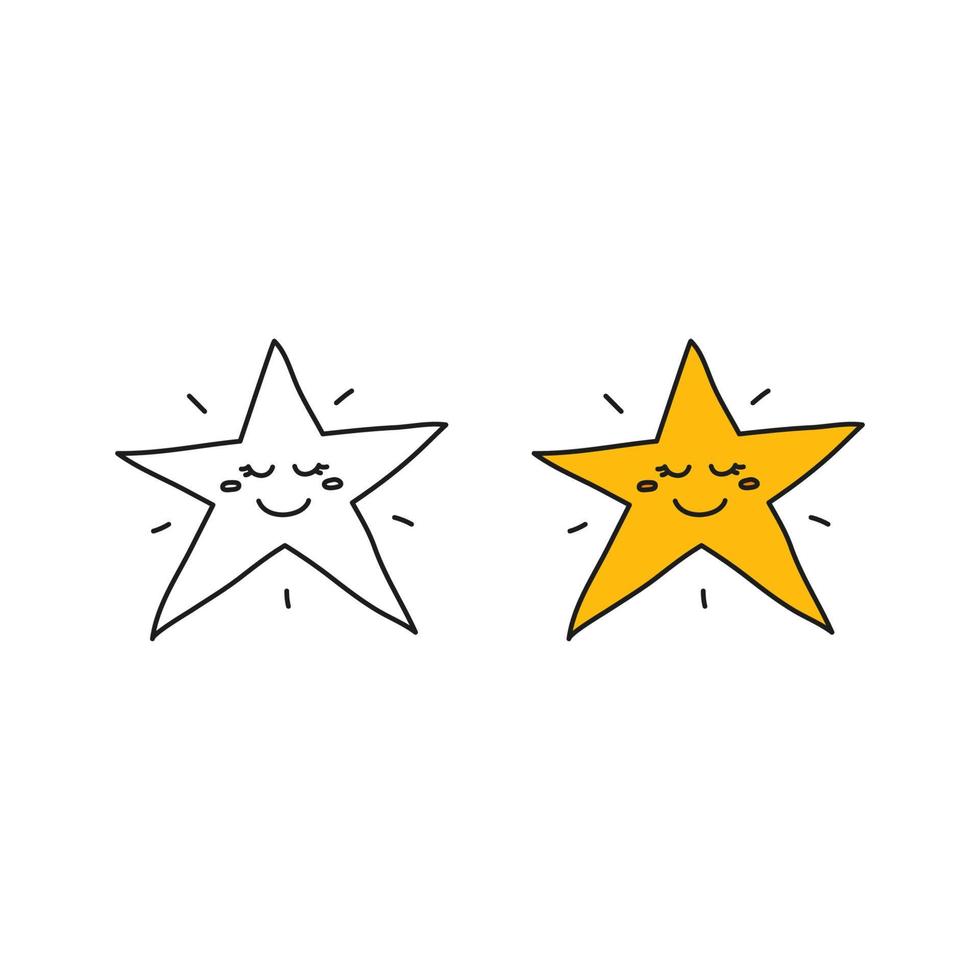 doodle overzicht en gekleurde ster gelukkig karakter pictogram geïsoleerd op een witte achtergrond. vector
