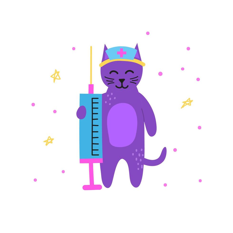 schattig doodle kleine violet arts kat karakter met grote spuit geïsoleerd op een witte achtergrond. vector