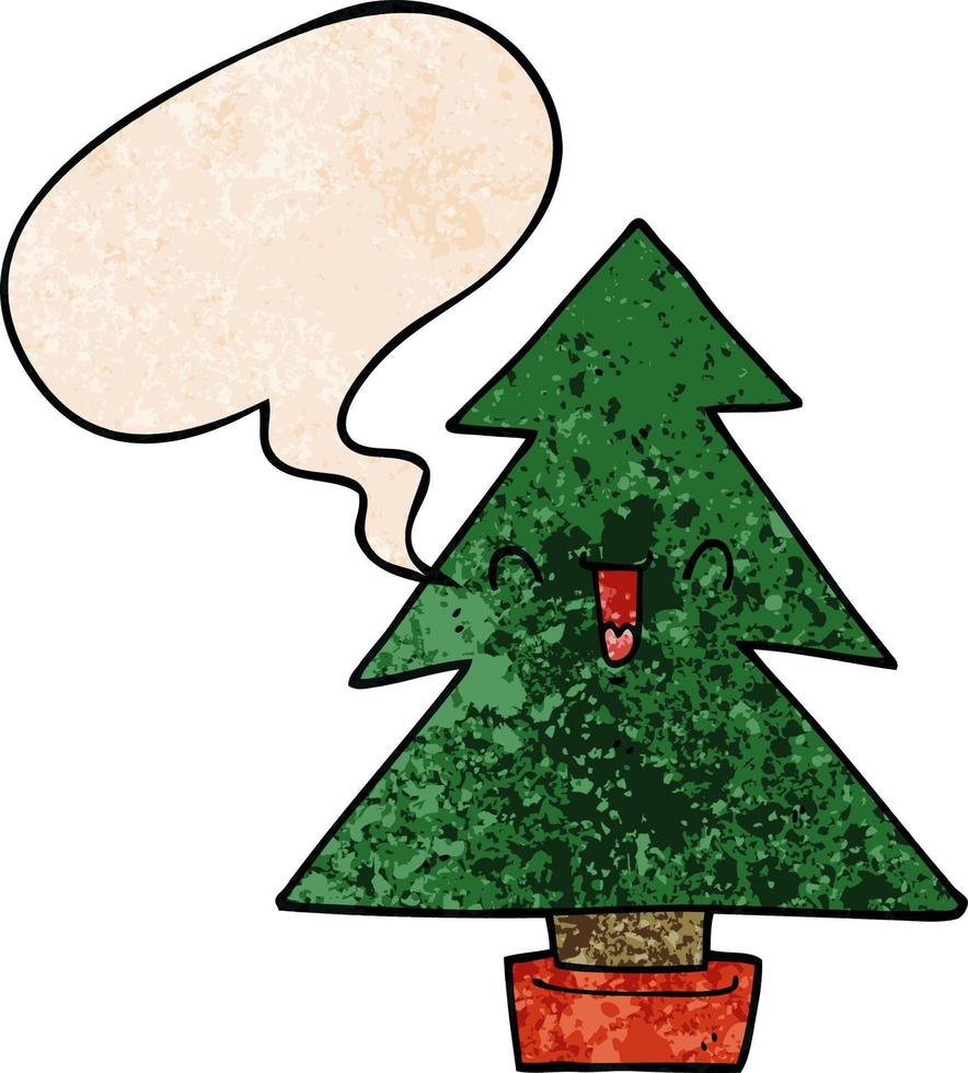 cartoon kerstboom en tekstballon in retro textuurstijl vector