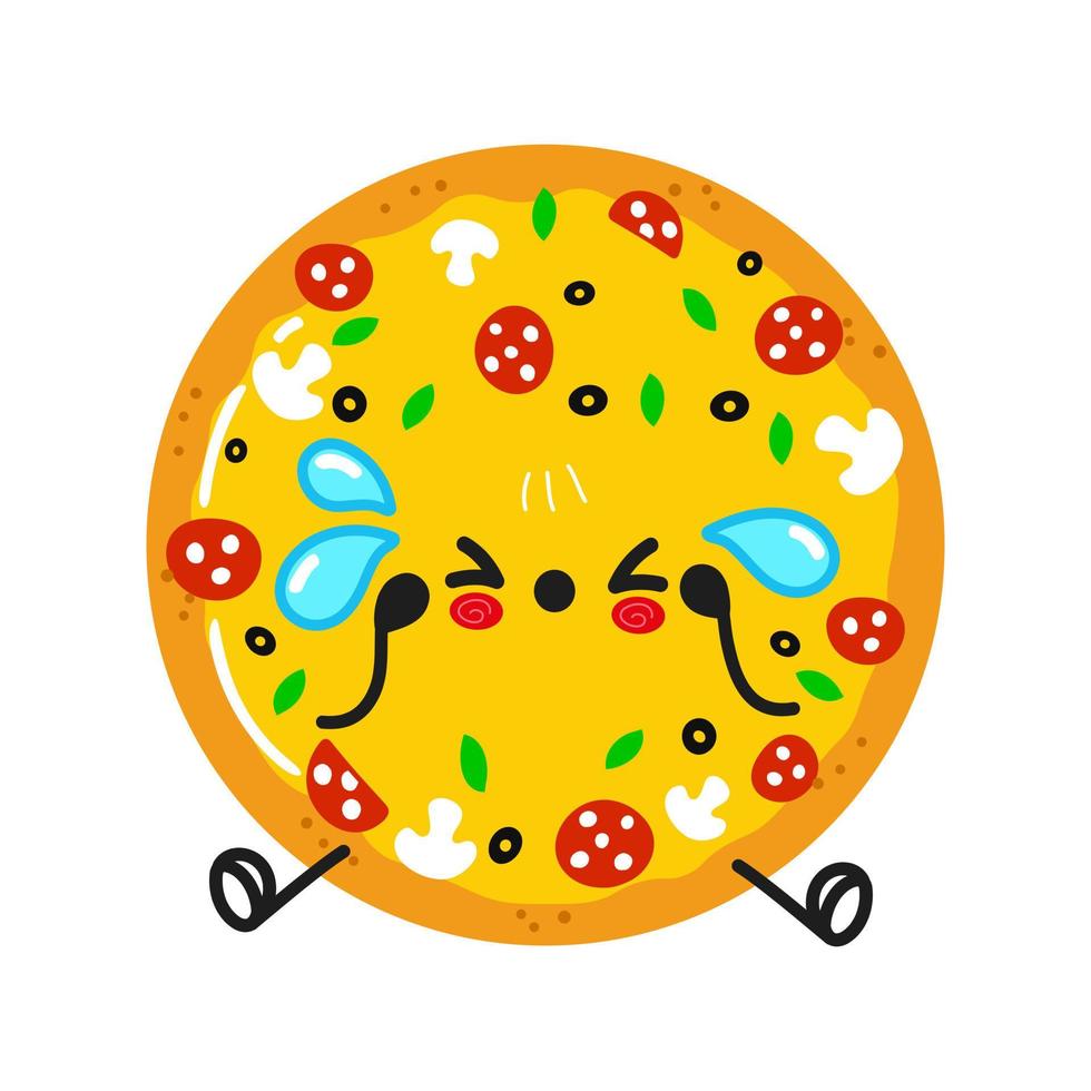 schattig verdrietig en huilend pizzakarakter. vector hand getekend cartoon kawaii karakter illustratie pictogram. geïsoleerd op een witte achtergrond. pizza karakter concept