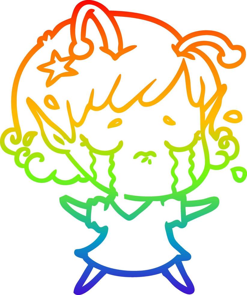regenbooggradiënt lijntekening cartoon huilend buitenaards meisje vector