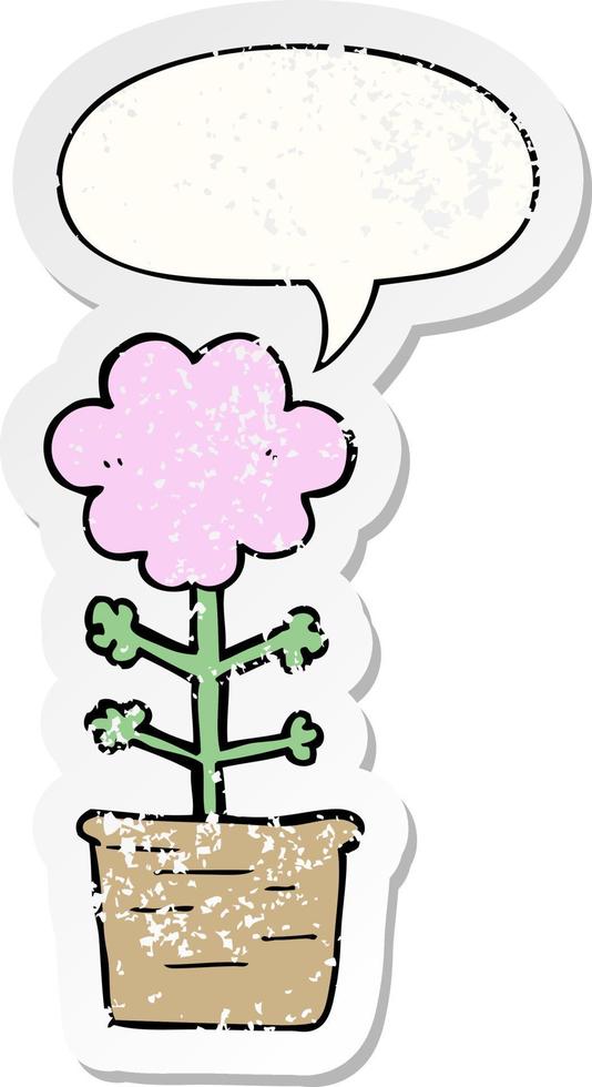 schattige cartoon bloem en tekstballon noodlijdende sticker vector