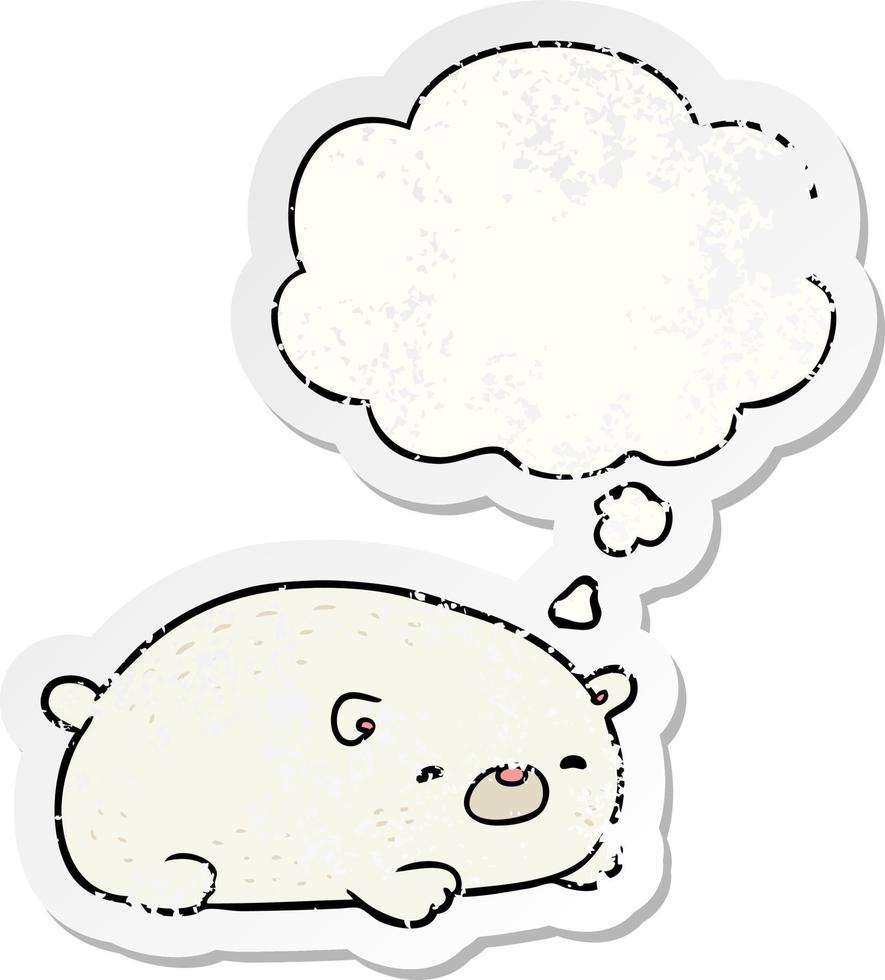 cartoon ijsbeer en gedachte bel als een versleten versleten sticker vector