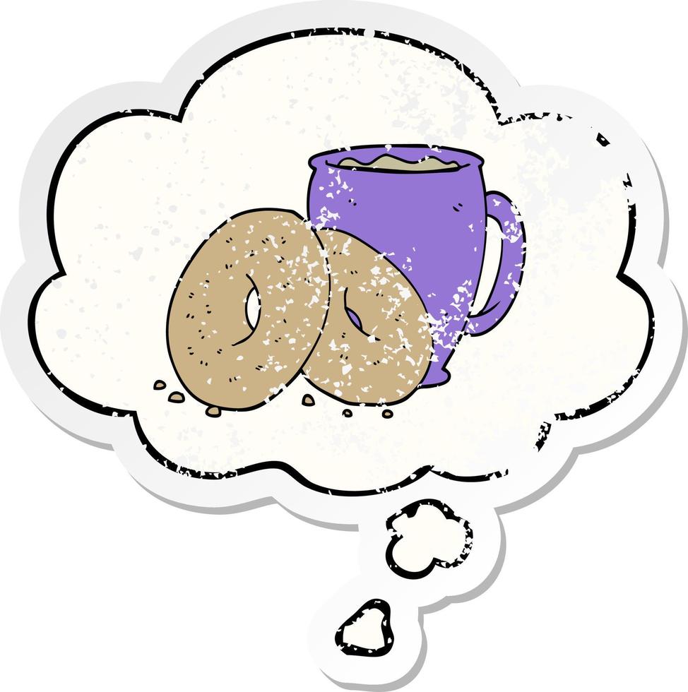 cartoon koffie en donuts en gedachte bel als een versleten versleten sticker vector