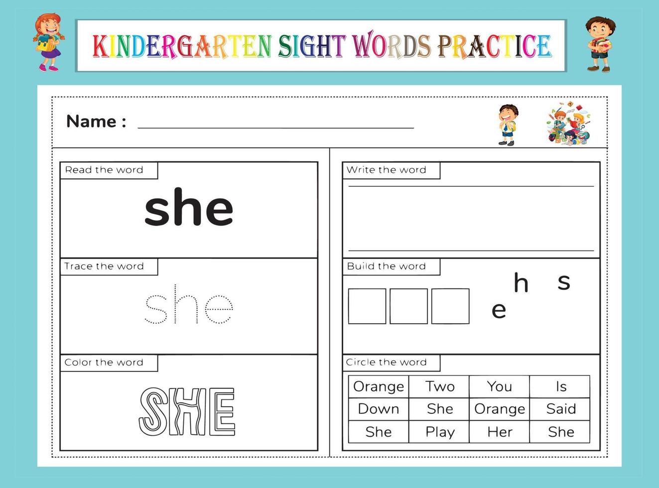 kleuterschool zicht woorden oefenen werkblad vector