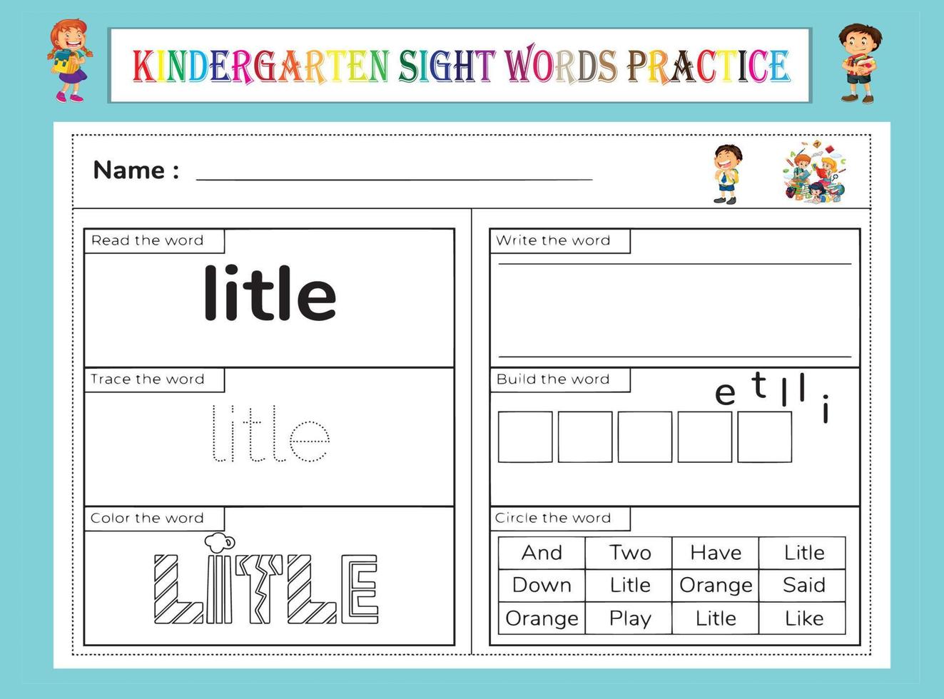 kleuterschool zicht woorden oefenen werkblad vector