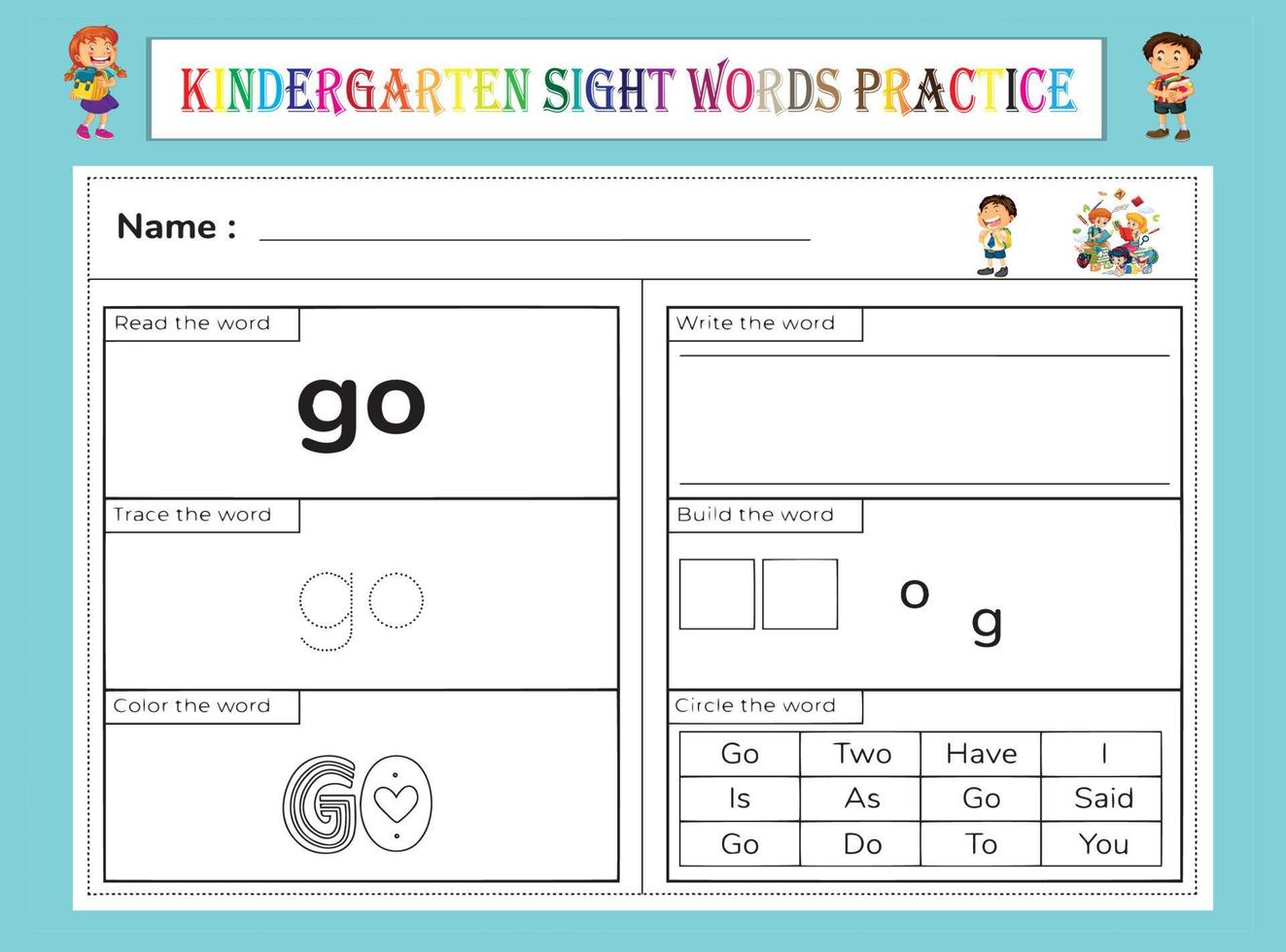 kleuterschool zicht woorden oefenen werkblad vector