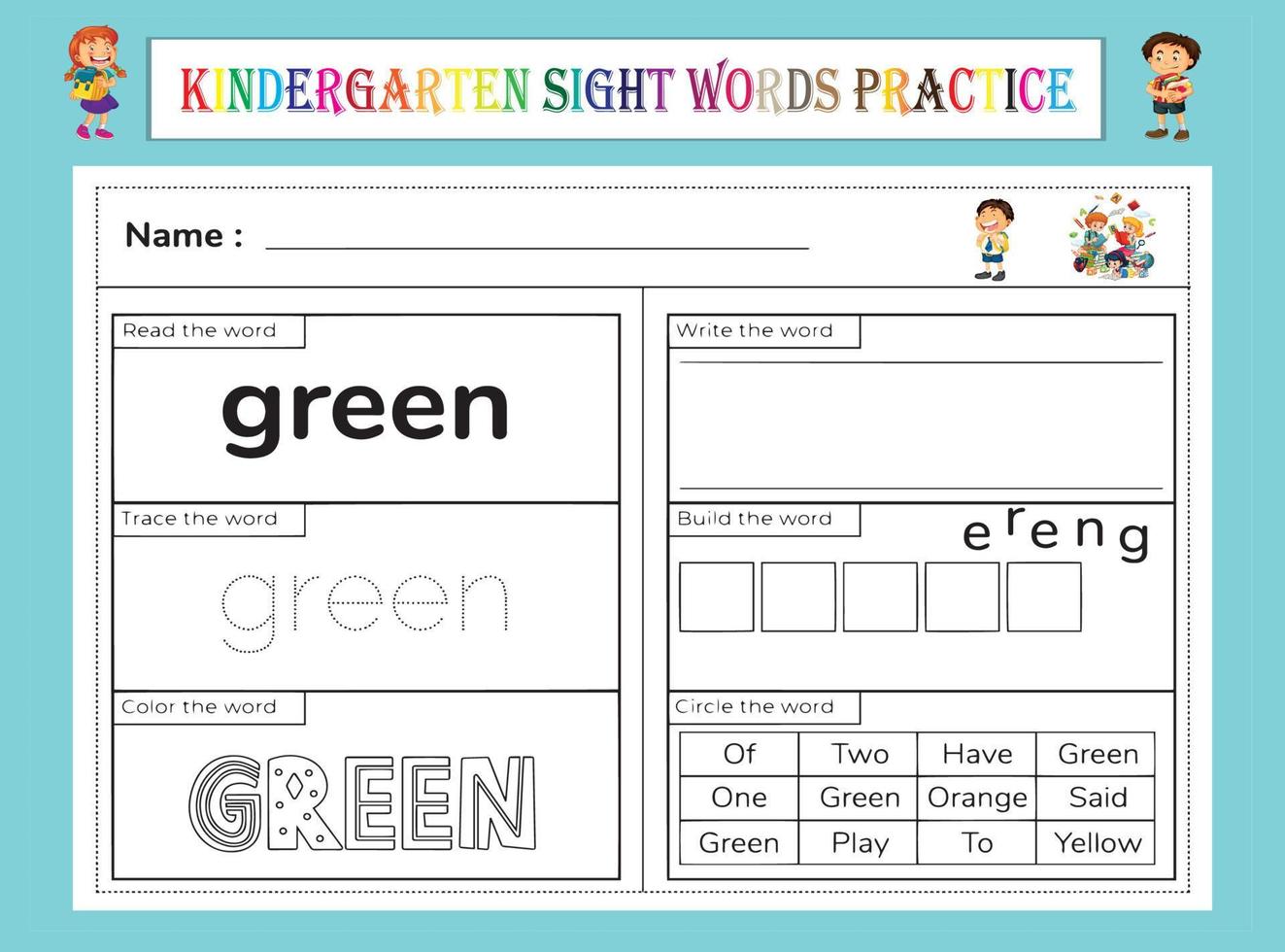 kleuterschool zicht woorden oefenen werkblad vector