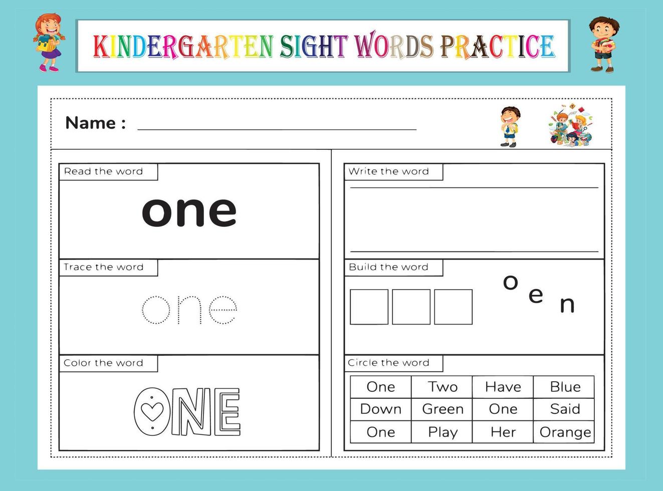 kleuterschool zicht woorden oefenen werkblad vector