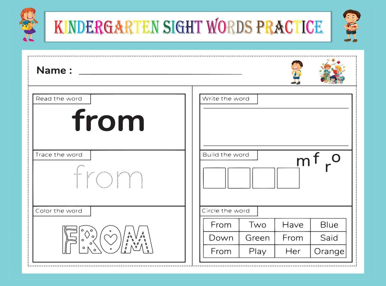 kleuterschool zicht woorden oefenen werkblad vector