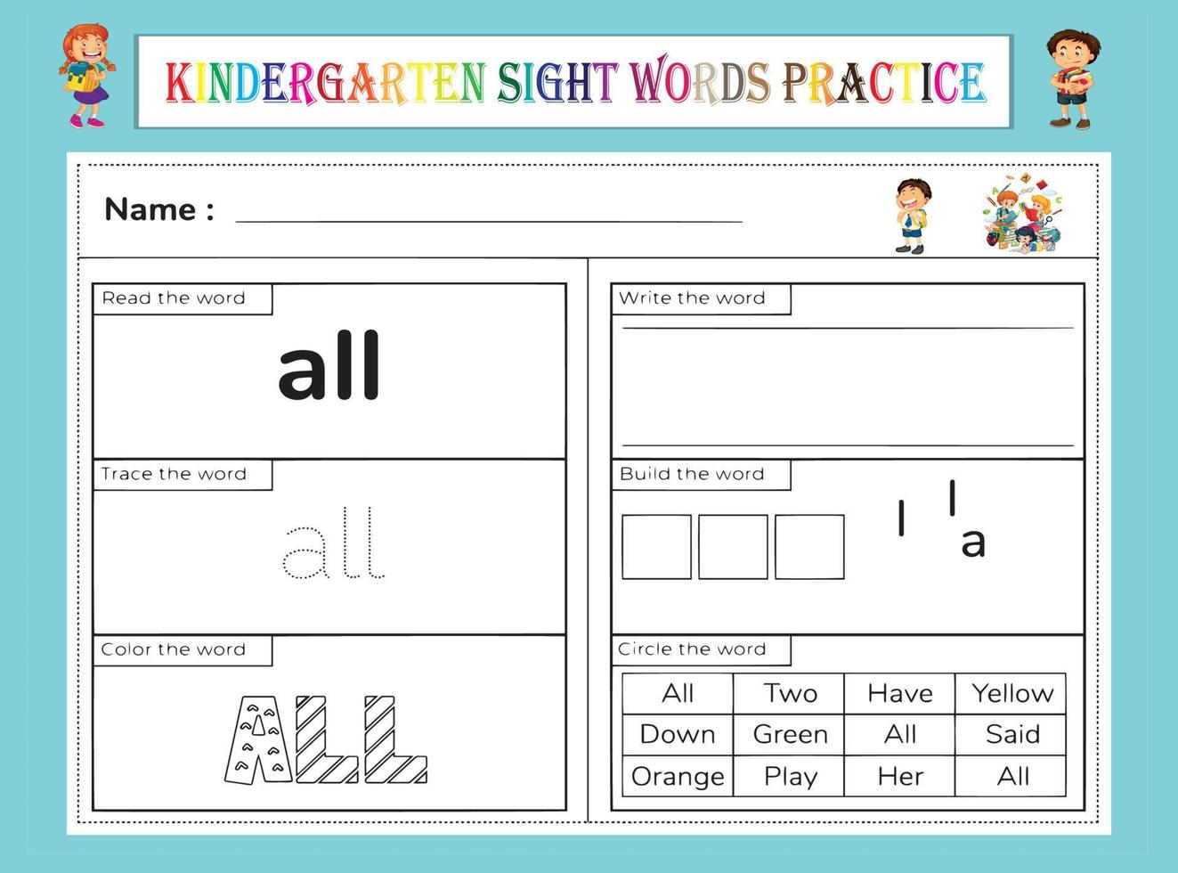 kleuterschool zicht woorden oefenen werkblad vector