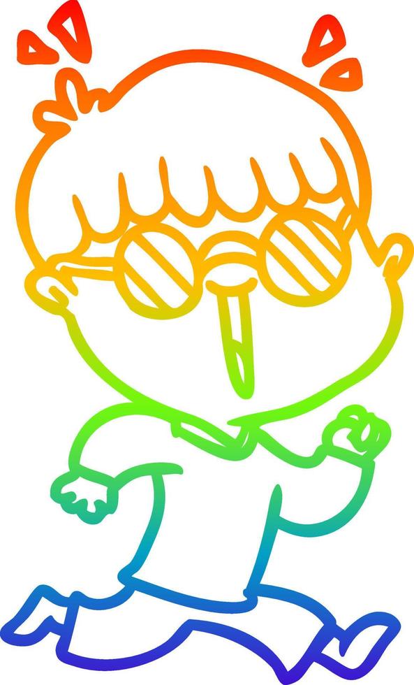 regenbooggradiënt lijntekening cartoon rennende jongen die een bril draagt vector
