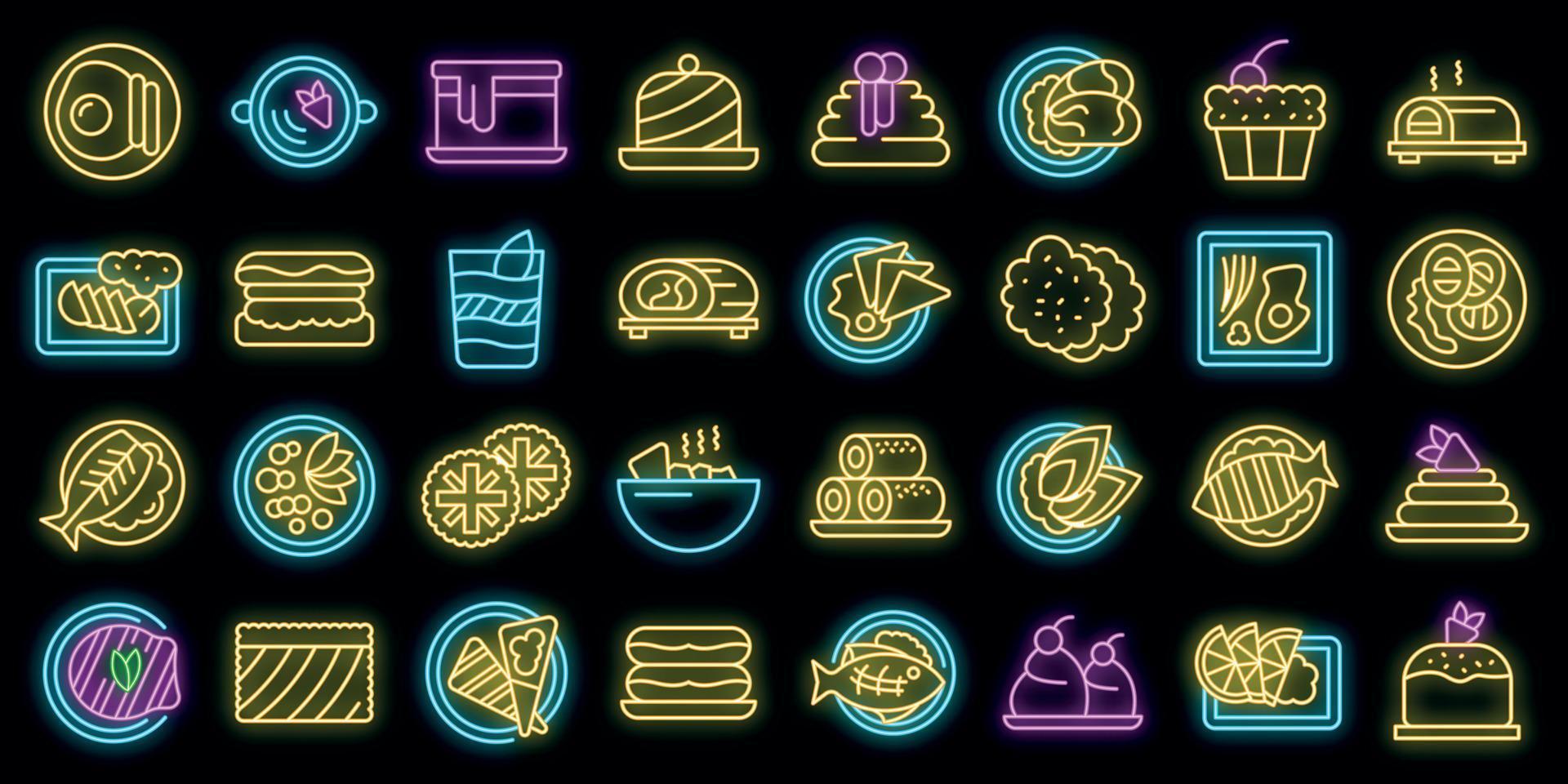 Australische keuken pictogrammen instellen overzicht vector. taart ontbijt vector neon