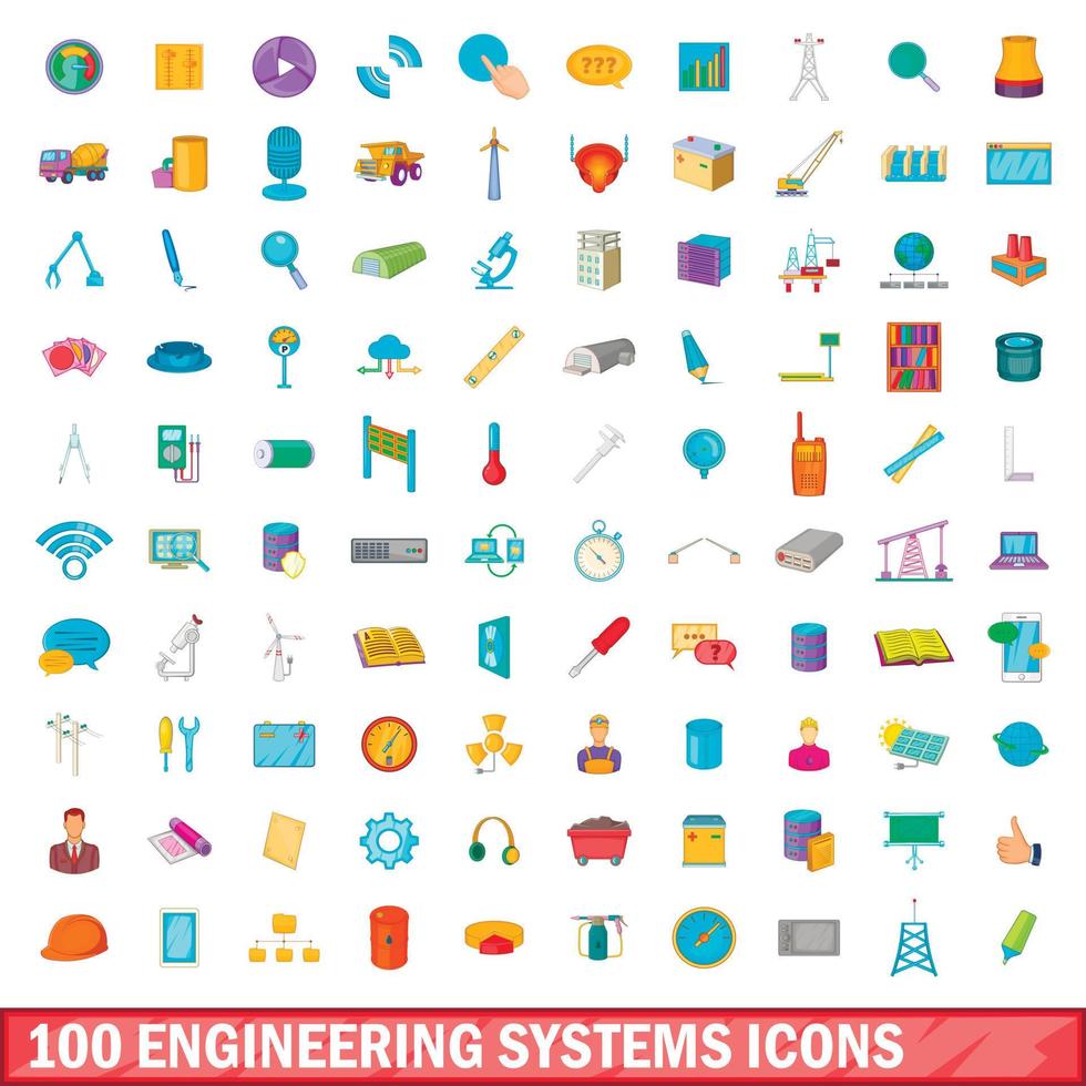 100 technische systemen iconen set, cartoon stijl vector