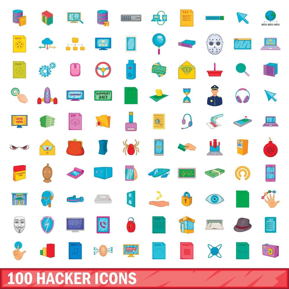 100 hacker iconen set, cartoon stijl vector