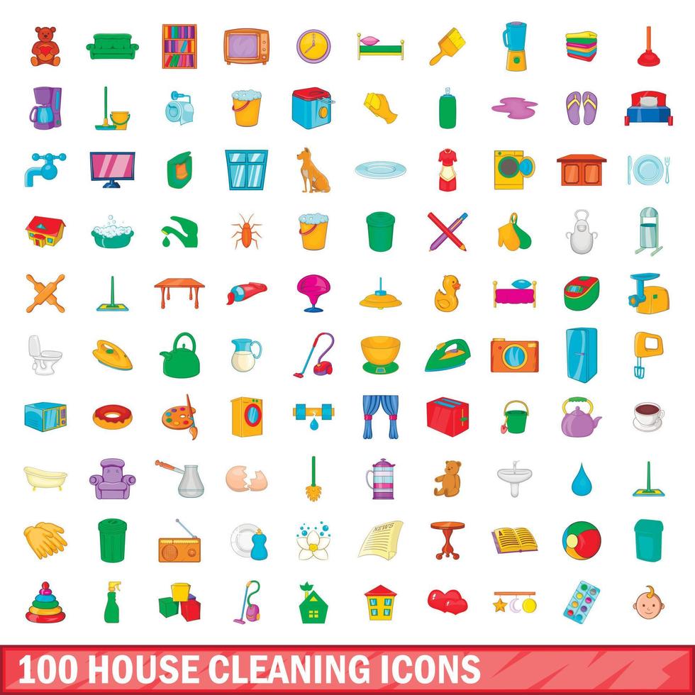 100 huis schoonmaken iconen set, cartoon stijl vector
