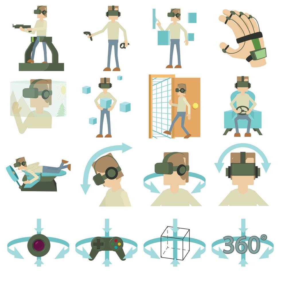 virtuele realiteit iconen set, cartoon stijl vector