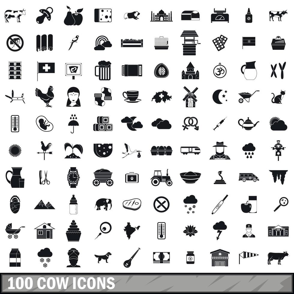 100 koe iconen set, eenvoudige stijl vector