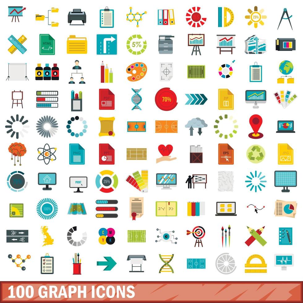 100 grafiek iconen set, vlakke stijl vector