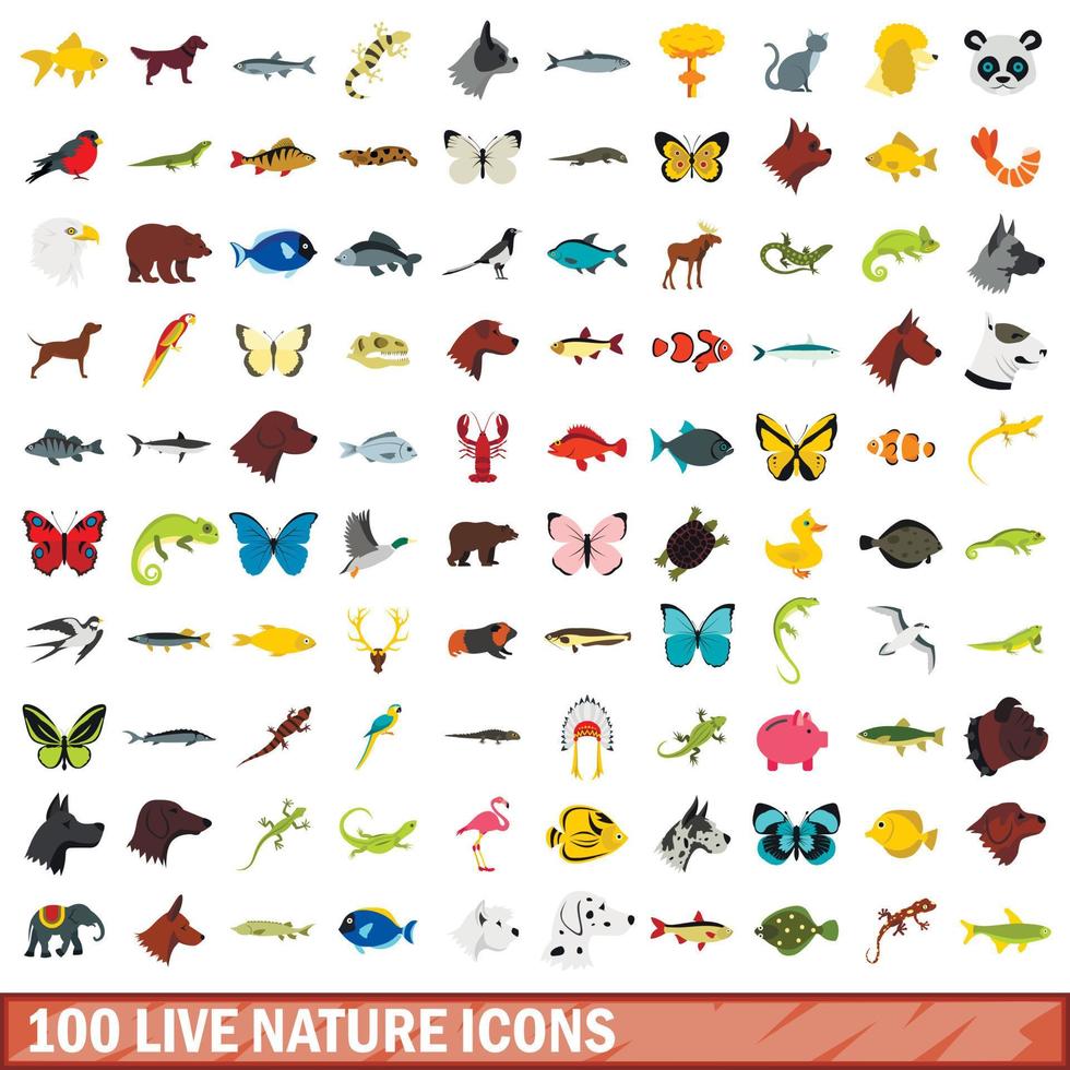 100 live natuur iconen set, vlakke stijl vector