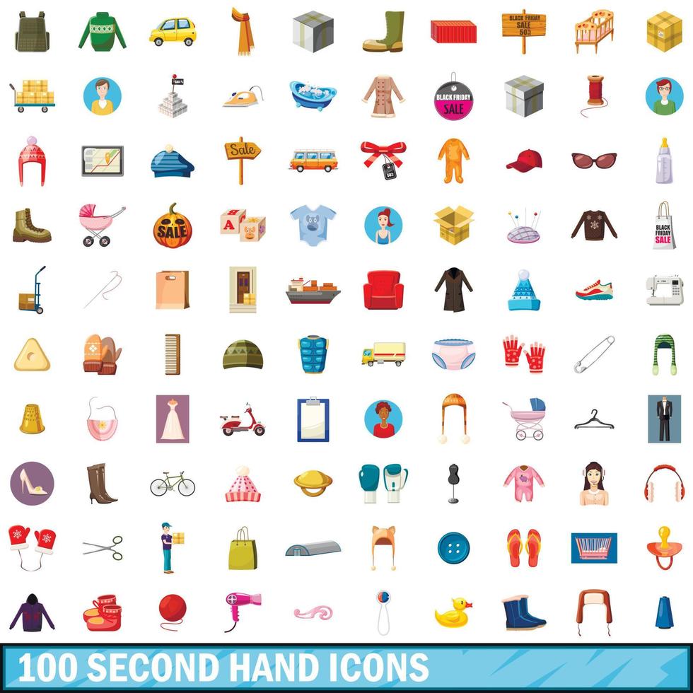 100 tweedehands iconen set, cartoon stijl vector