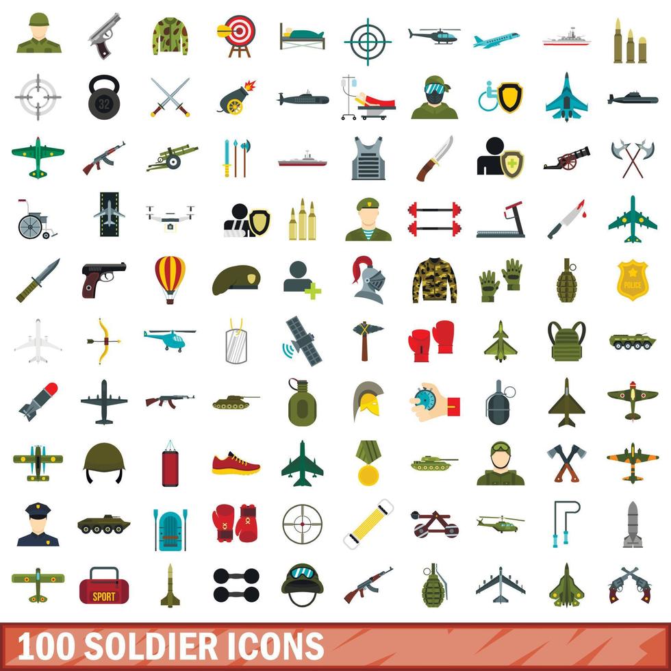 100 soldaat iconen set, vlakke stijl vector