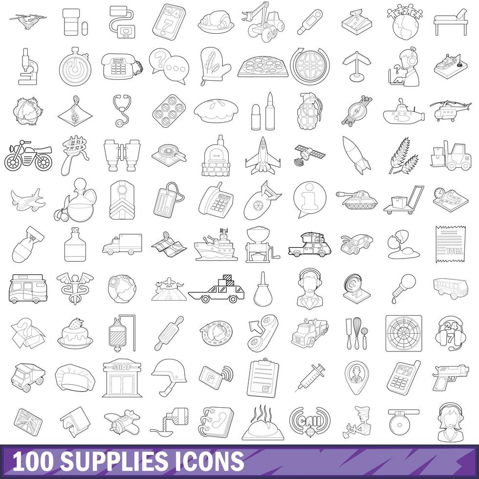 100 benodigdheden iconen set, Kaderstijl vector