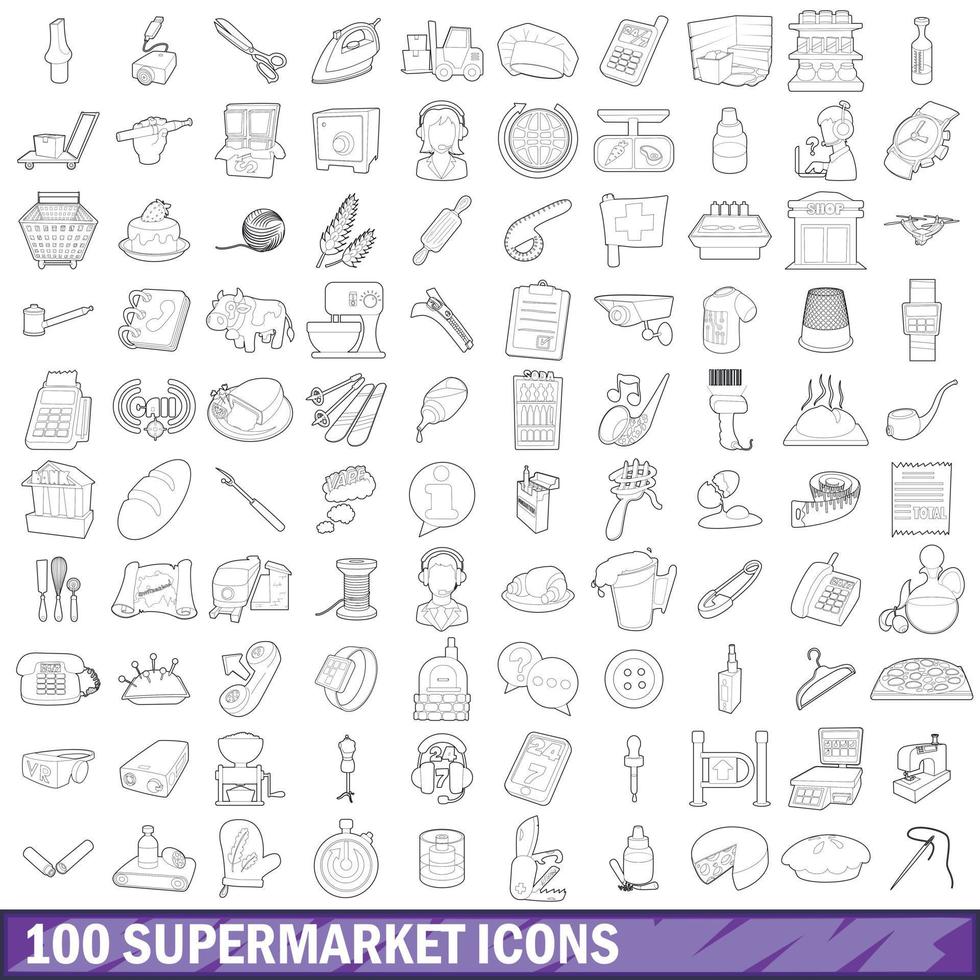 100 supermarkt iconen set, Kaderstijl vector