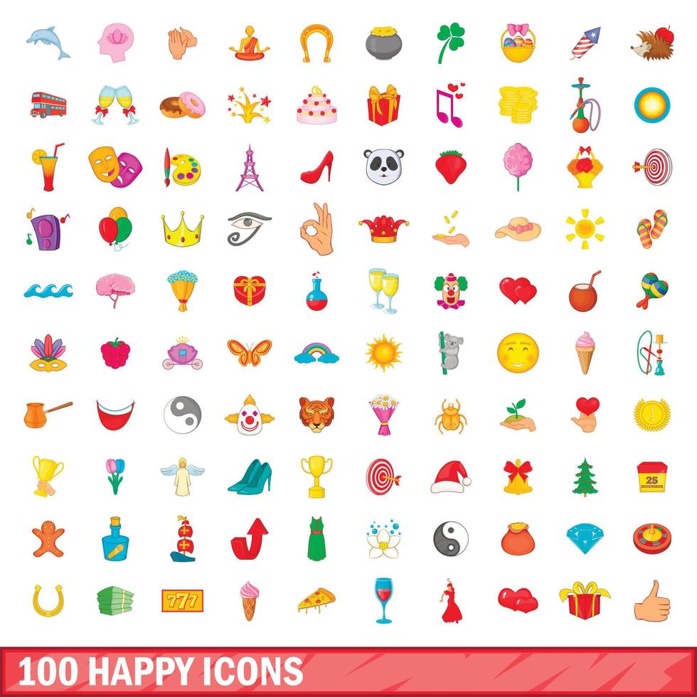 100 gelukkig iconen set, cartoon stijl vector