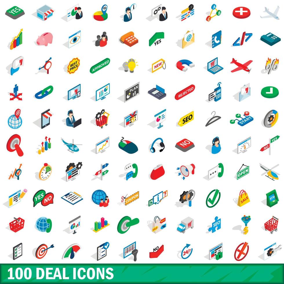 100 deal iconen set, isometrische 3D-stijl vector