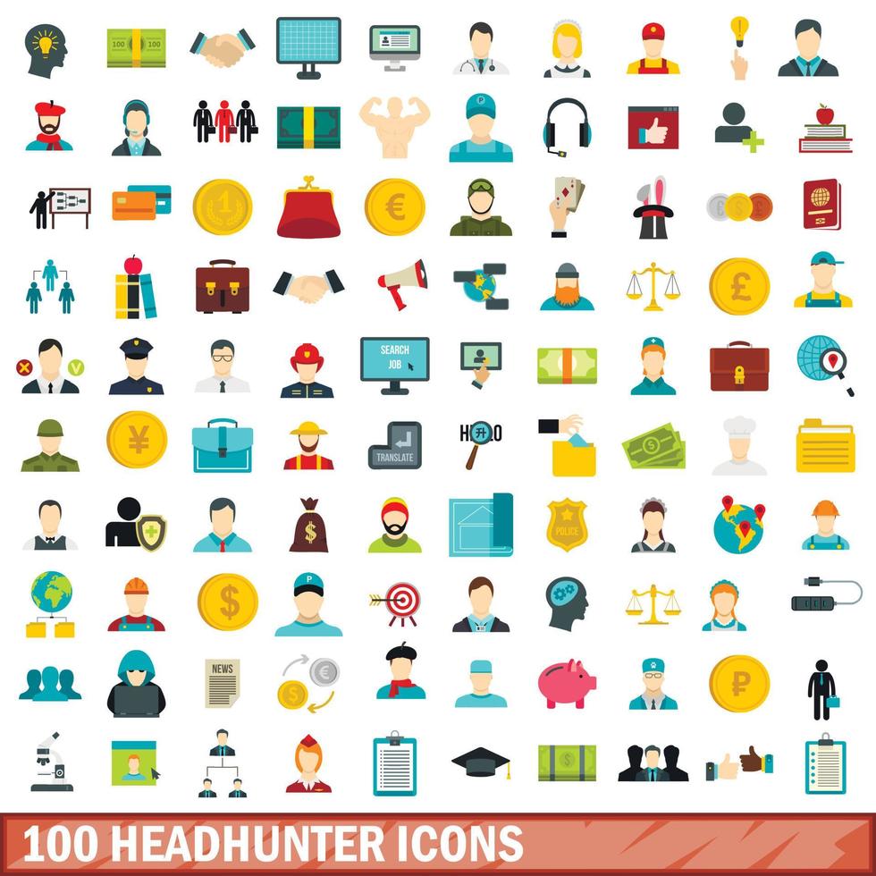 100 headhunter iconen set, vlakke stijl vector