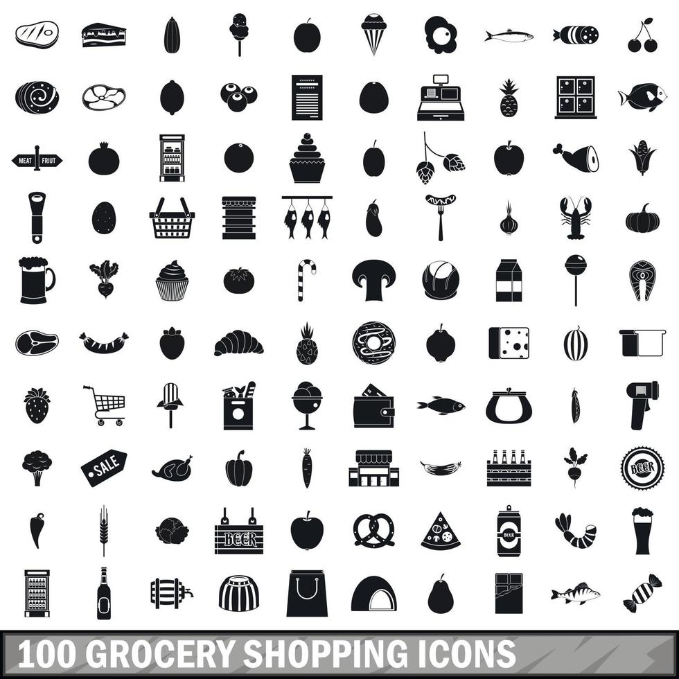 100 boodschappen iconen set, eenvoudige stijl vector