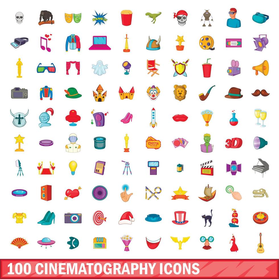 100 cinematografie iconen set, cartoon stijl vector