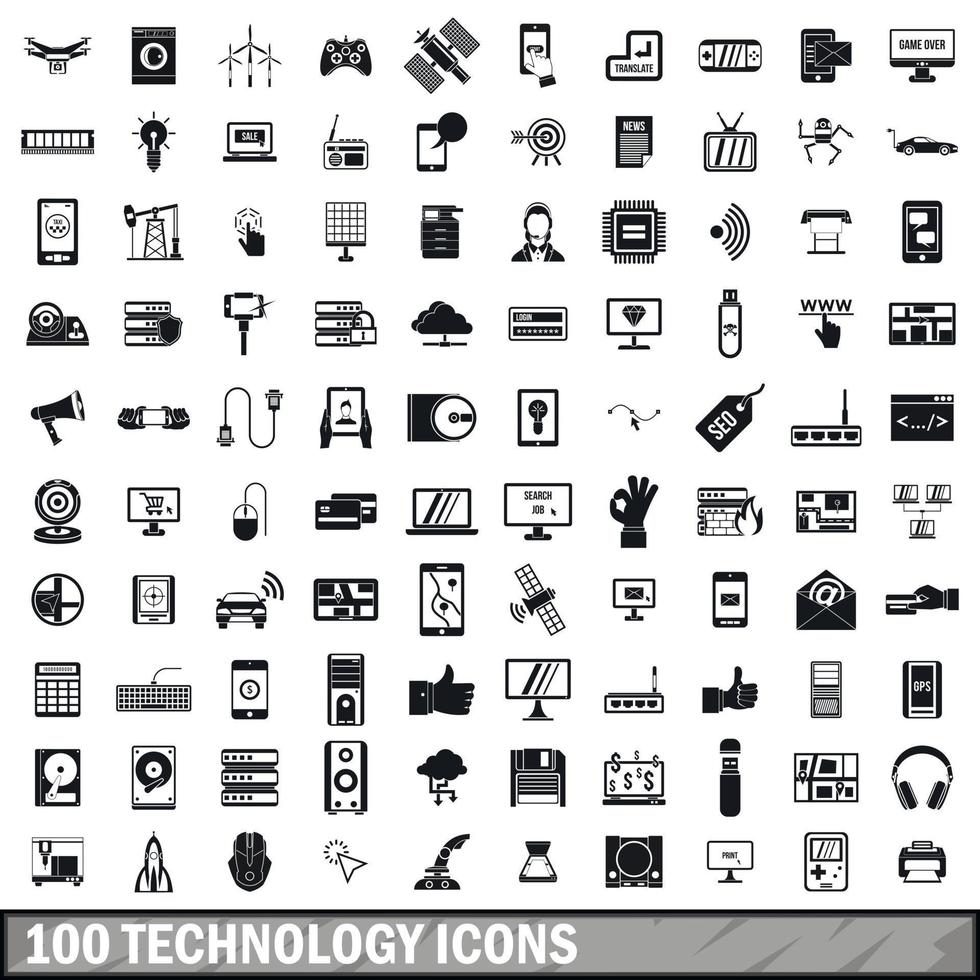 100 technologie iconen set, eenvoudige stijl vector