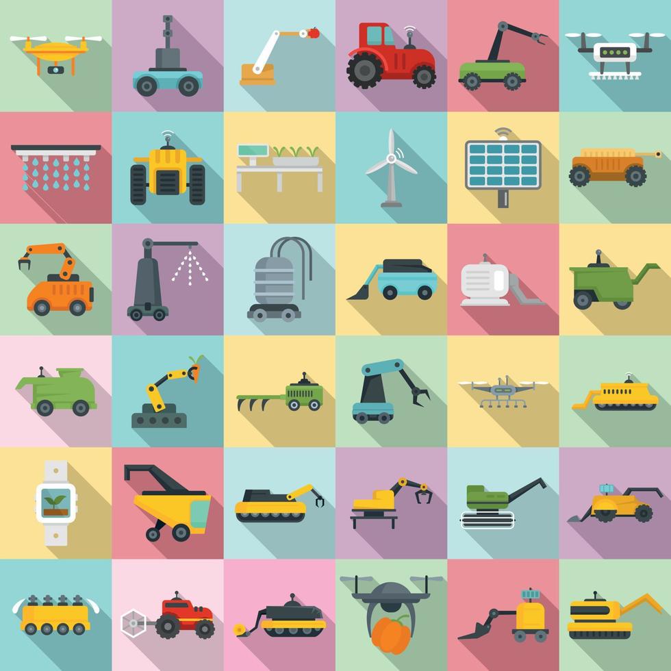 landbouwrobot iconen set, vlakke stijl vector