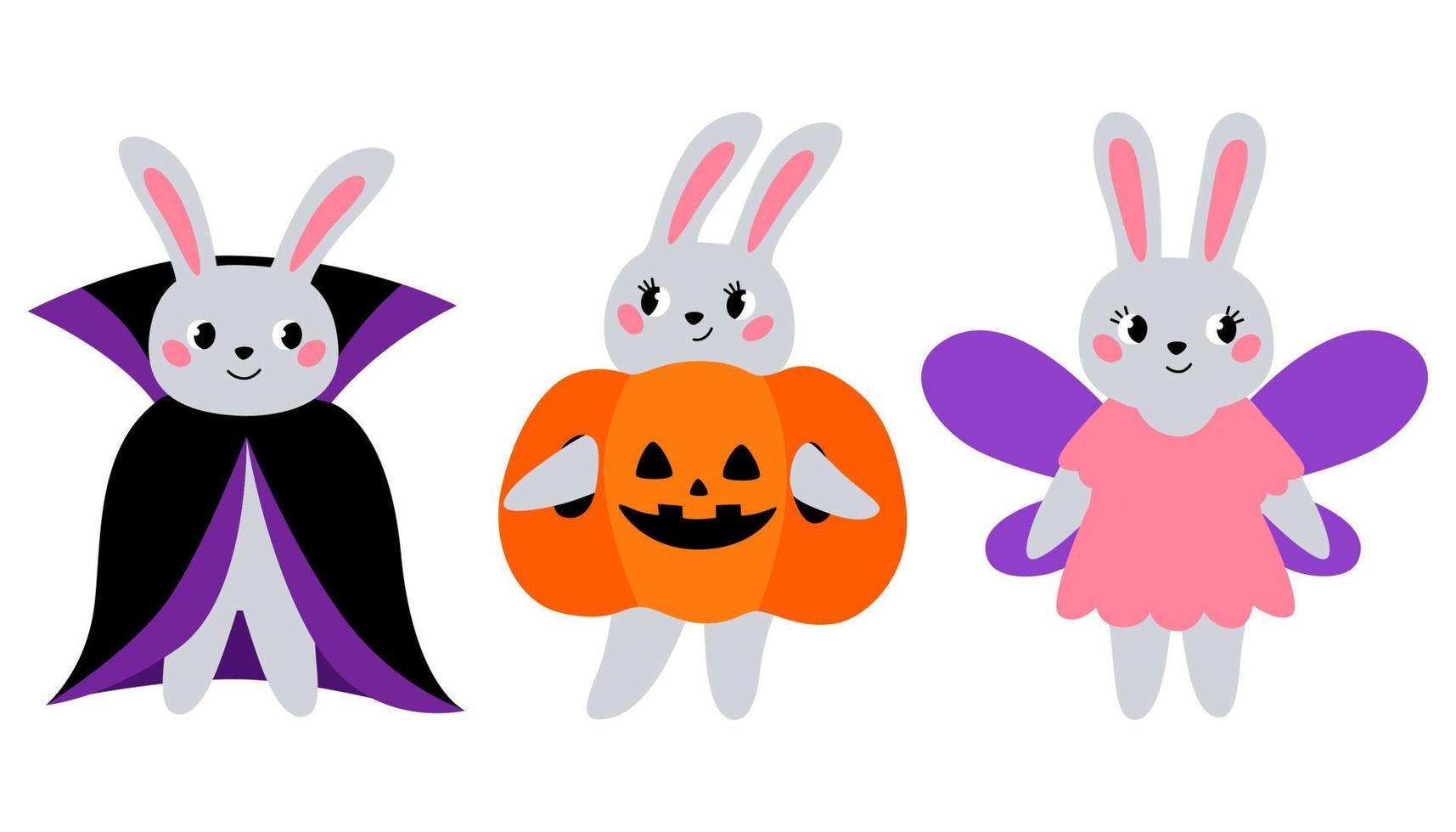 stel schattig konijn in kostuums voor halloween. konijnenvampier, fee en pompoen. grappige karakters voor vakantie. vector cartoon afbeelding voor kinderen kaart, poster, spandoek, stickers, stof, print.