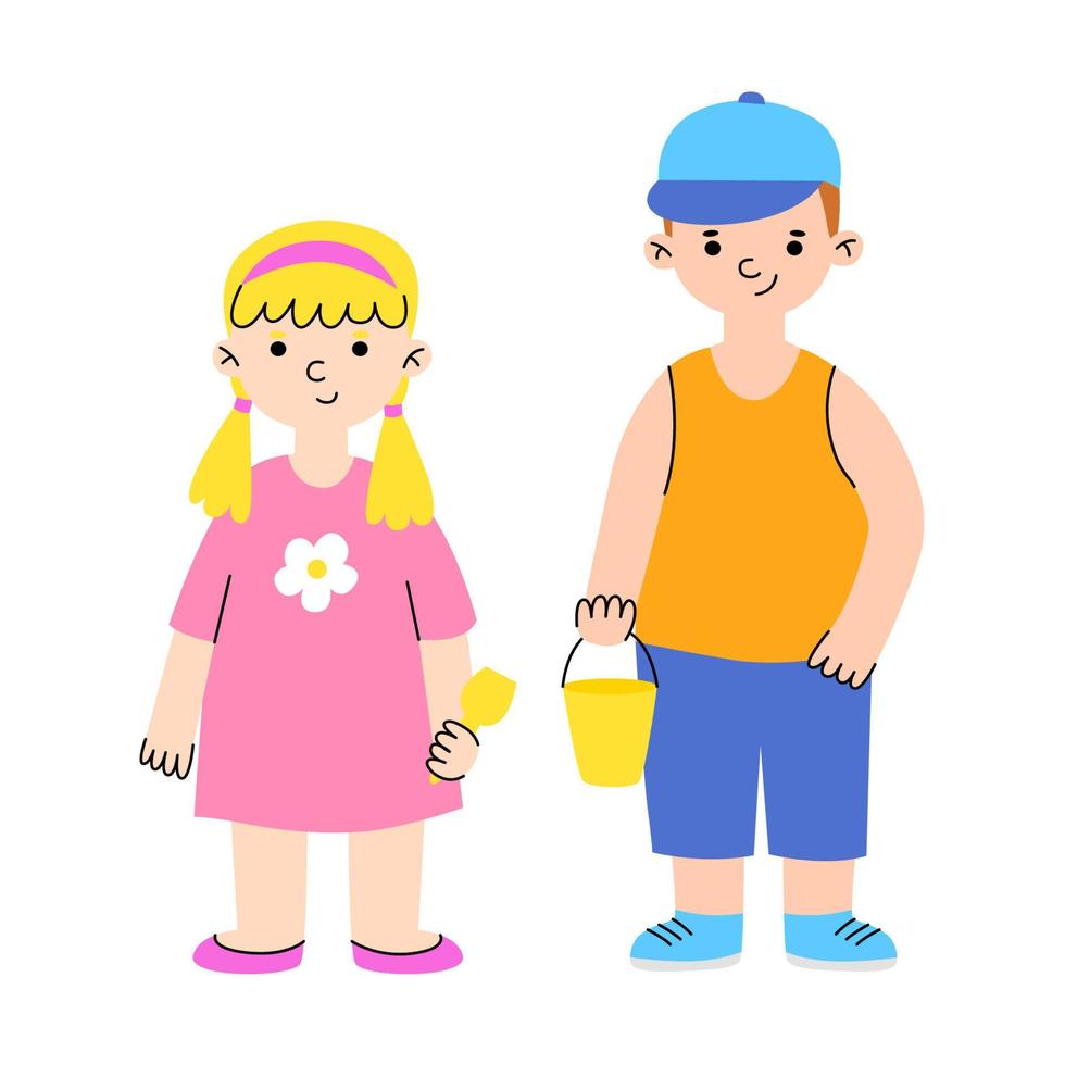 paar jongen en meisje. grote broer en kleine zus. gelukkige kinderen spelen met zand. schattige kinderen. vector cartoon afbeelding om af te drukken.