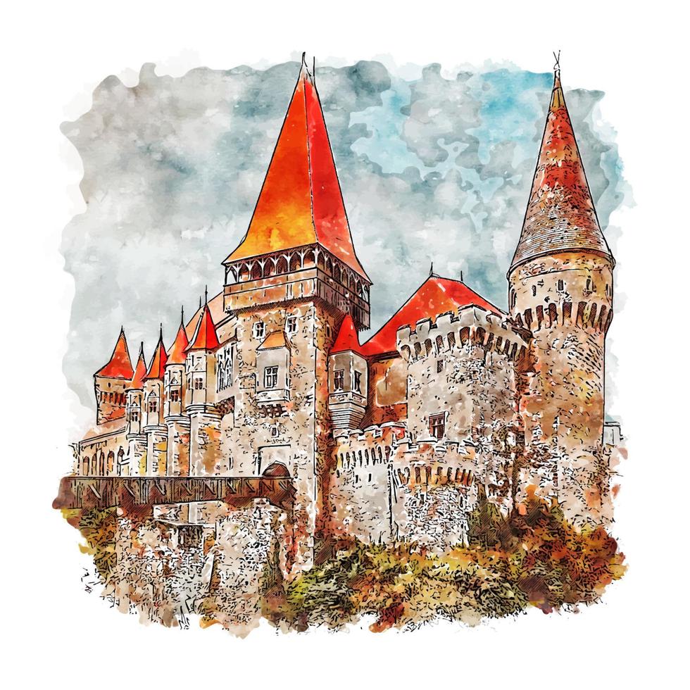 kasteel corvinior roemenië aquarel schets hand getekende illustratie vector
